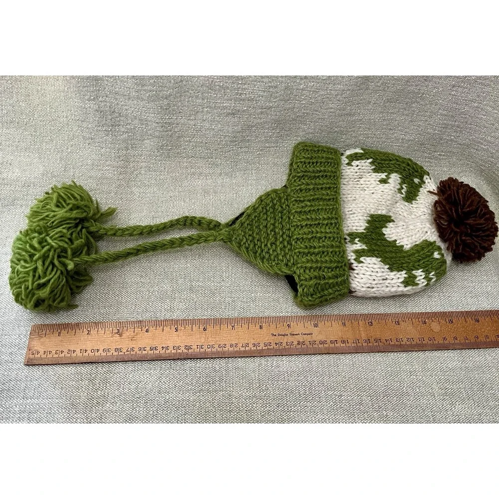 Toddler Medium Knitted Dinosaur Earflap Wool Fleece Hat Green Brown Cream Beanie